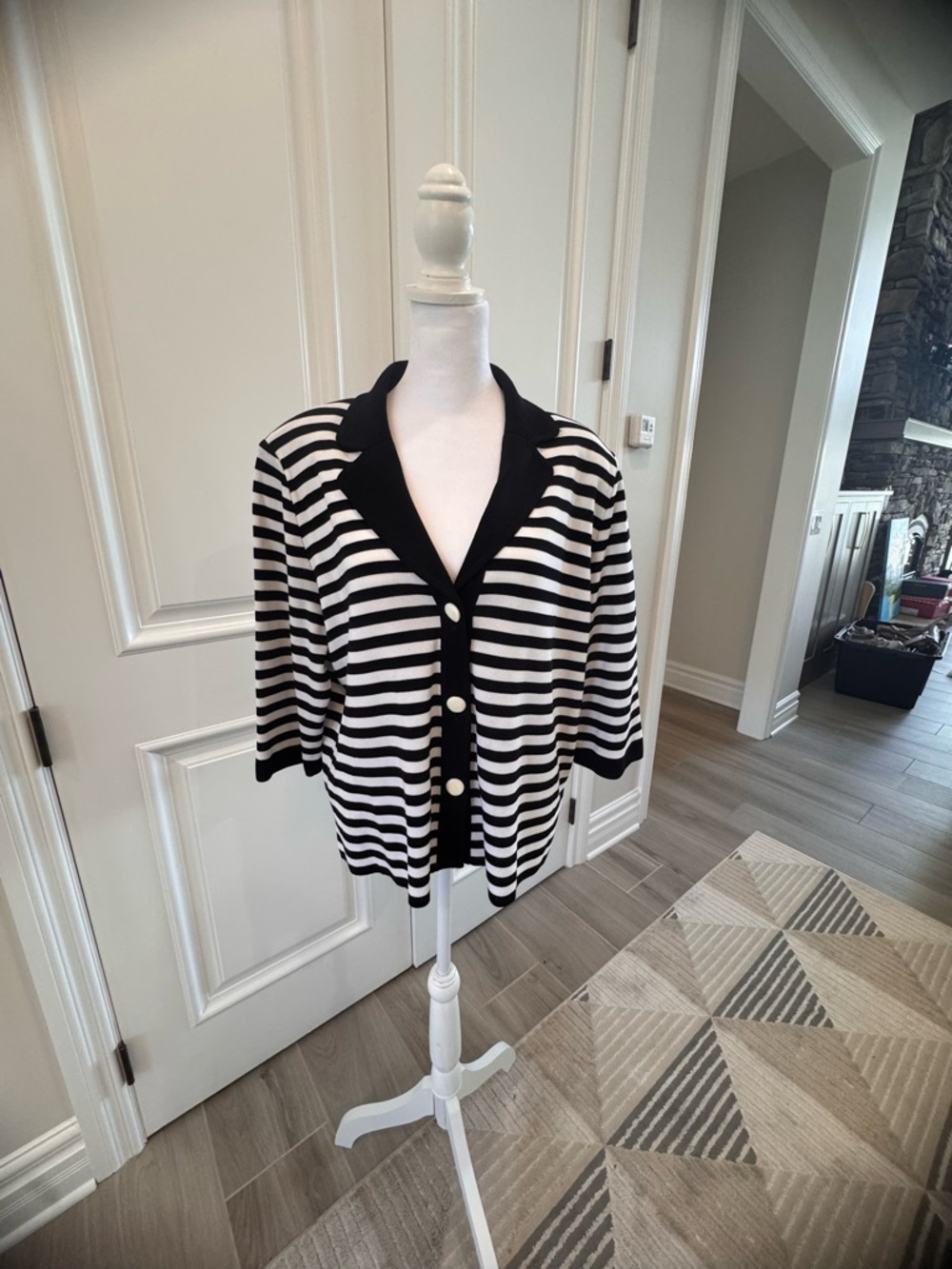 Misook Black and White Striped Button-Front Cardigan
